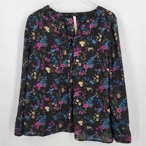 Kensie Blouse Womens XL Black Floral V Neck Popover